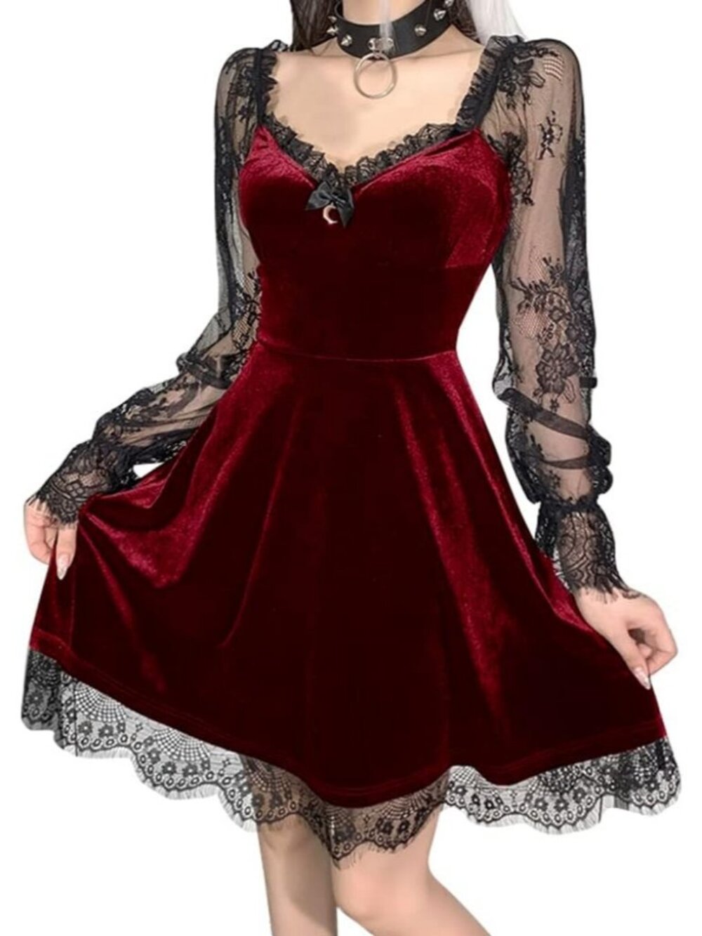 Women's Gothic Vintage Red Lace Long Sleeve Grunge Punk Cosplay Party Dress